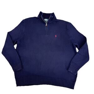 Vintage Polo Ralph Lauren Sweater Men 2XB 1/4 Zip Cotton Navy Blue 90s Chunky